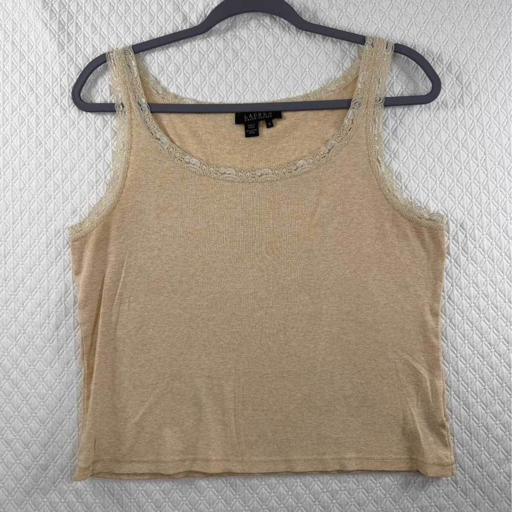 Lauren Ralph Lauren Y2K Tan Lace Trim Cotton Tank Top Heather Beige Scoop Neck M